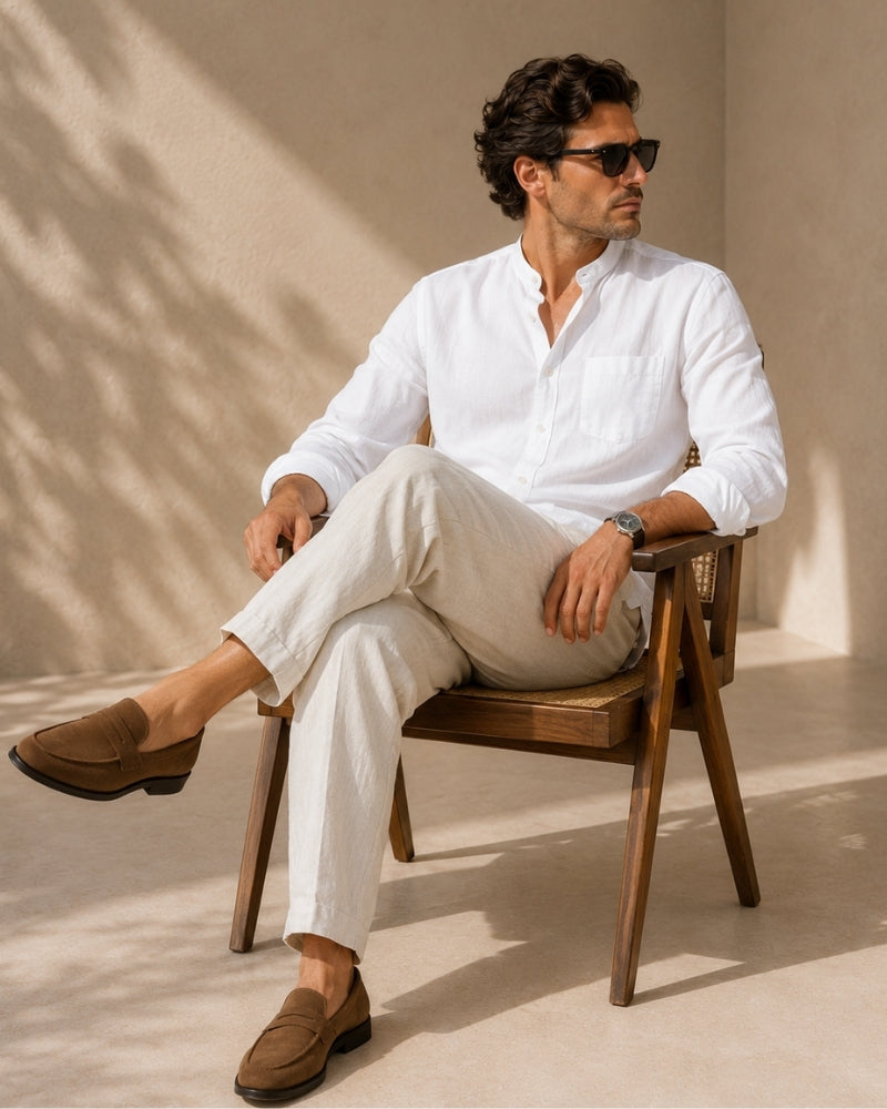 Men's Mandarin Collar Shirt with Relaxed Fit and Long Sleeves