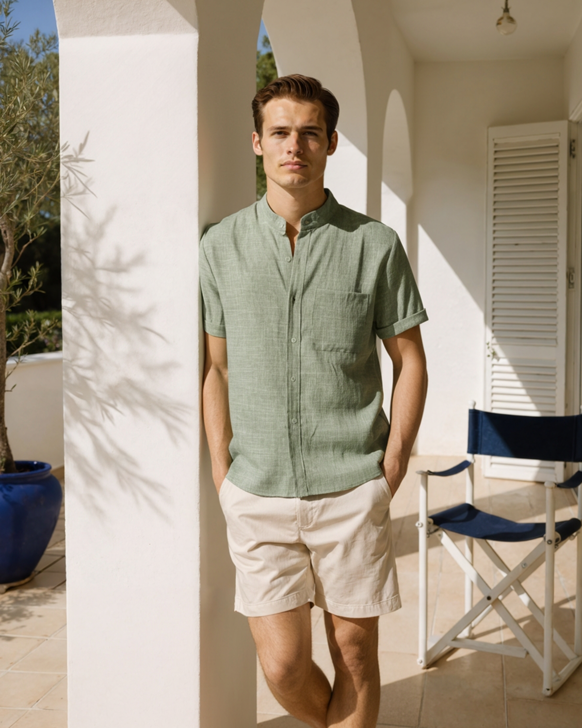 Men's Mandarin Collar Short Sleeve Shirt with Chest Pocket