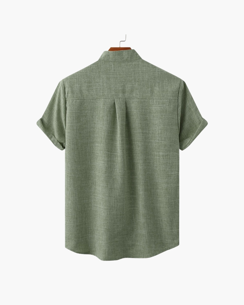 Men's Mandarin Collar Short Sleeve Shirt with Chest Pocket