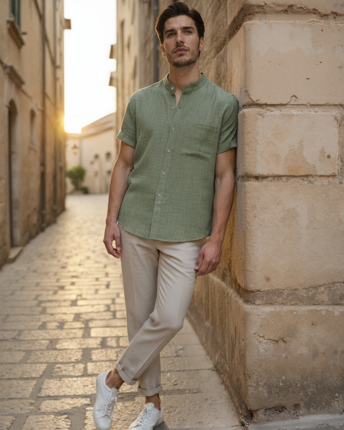 Men's Mandarin Collar Short Sleeve Shirt with Chest Pocket