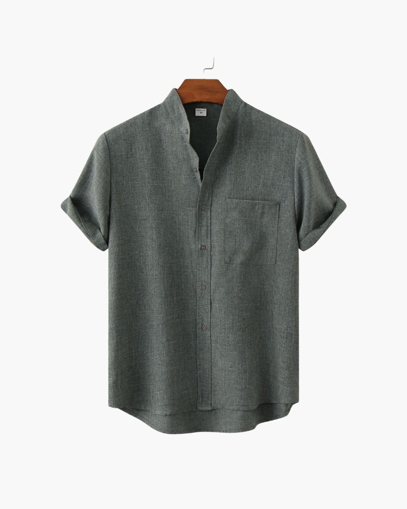 Men's Mandarin Collar Short Sleeve Shirt with Chest Pocket - Grey