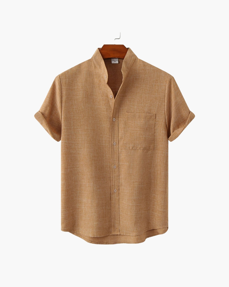Men's Mandarin Collar Short Sleeve Shirt with Chest Pocket - Yellow