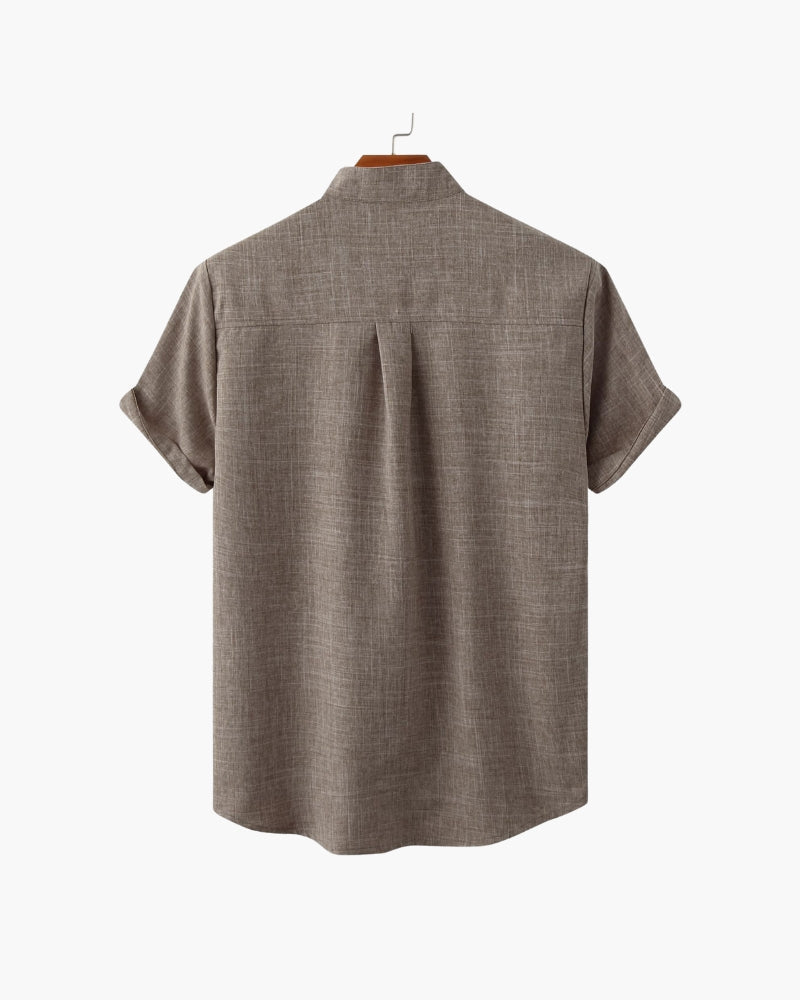 Men's Mandarin Collar Short Sleeve Shirt with Chest Pocket