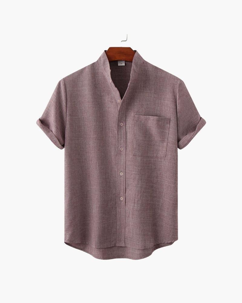 Men's Mandarin Collar Short Sleeve Shirt with Chest Pocket - Purple
