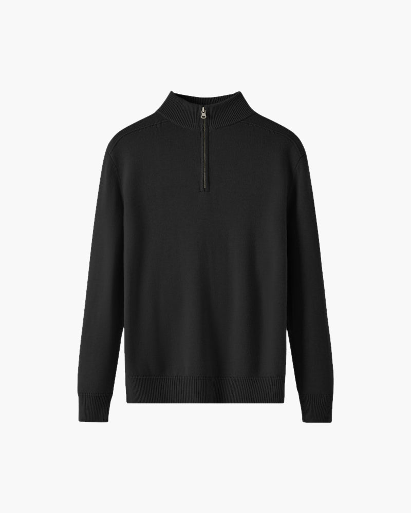 Men's Merino Wool Half-Zip Jumper with Ribbed Collar - Black