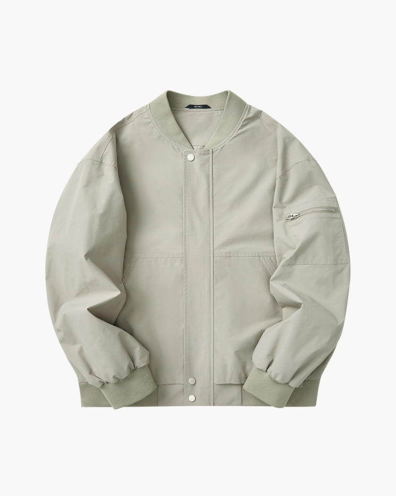 Men's Minimalist Bomber Jacket with Snap Front and Ribbed Trims