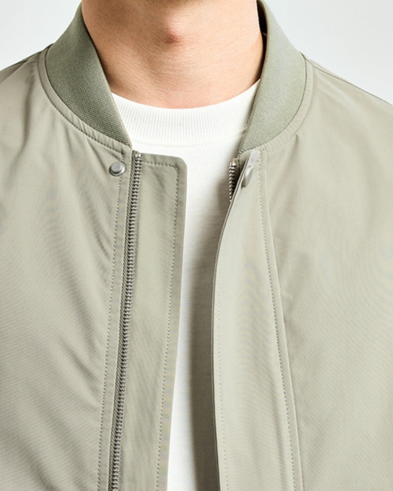 Men's Minimalist Bomber Jacket with Snap Front and Ribbed Trims