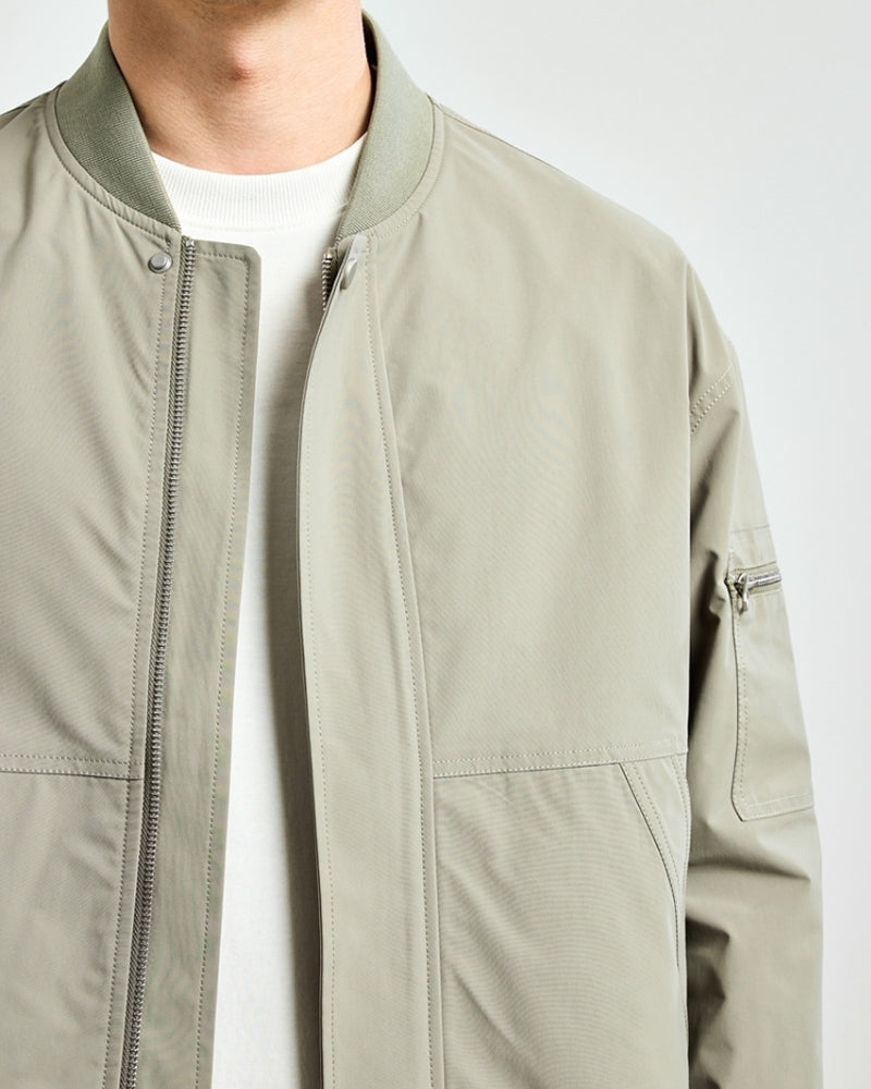 Men's Minimalist Bomber Jacket with Snap Front and Ribbed Trims