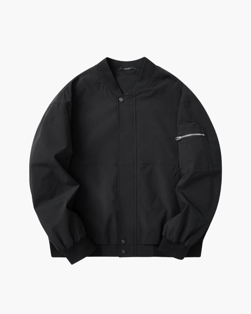 Men's Minimalist Bomber Jacket with Snap Front and Ribbed Trims