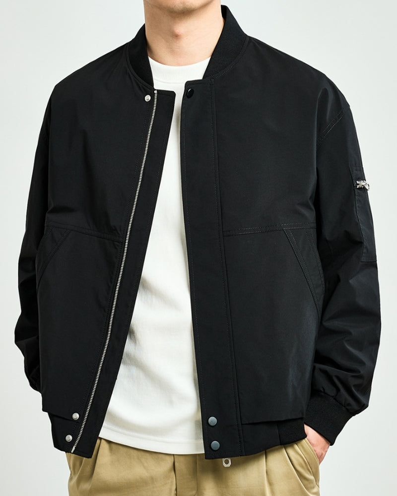 Men's Minimalist Bomber Jacket with Snap Front and Ribbed Trims - Black