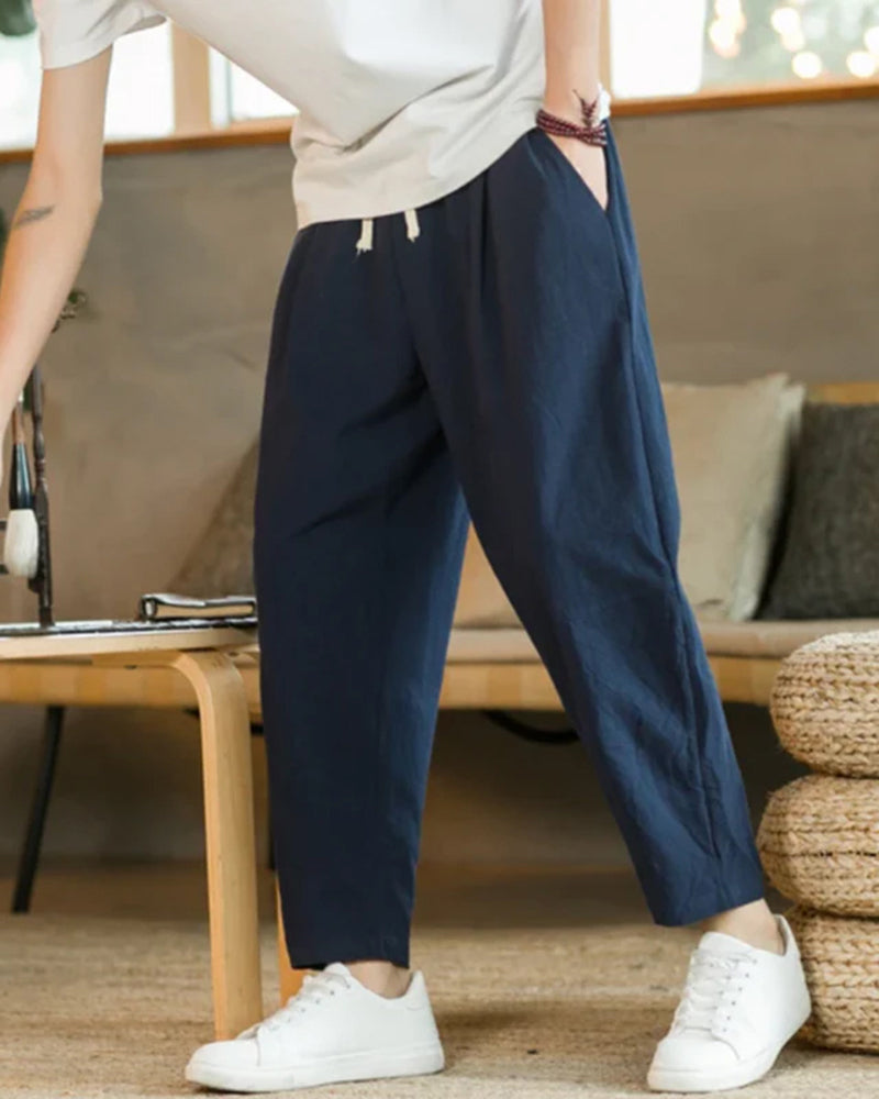 Men's Relaxed Drawstring Trousers with Tapered Leg - Marine
