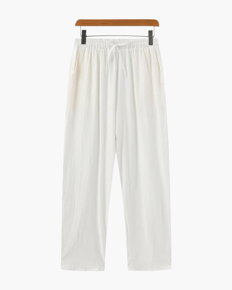 Men's Relaxed Linen Trousers with Drawstring Waist and Straight Leg - White