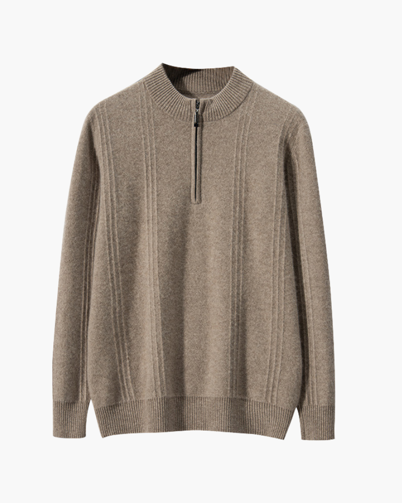 Men's Ribbed Cashmere Half-Zip Jumper with Stand Collar - Beige