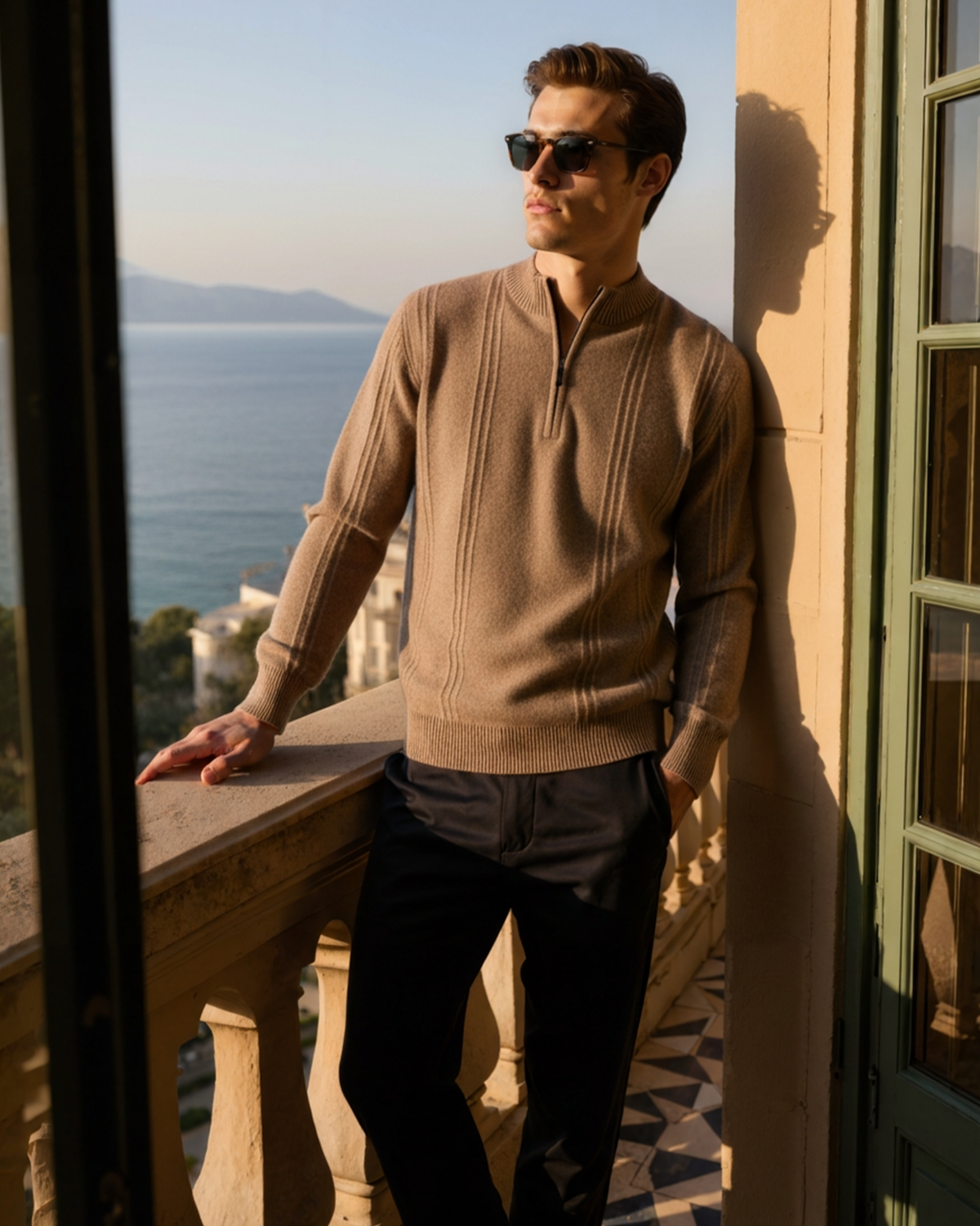 Men's Ribbed Cashmere Half-Zip Jumper with Stand Collar