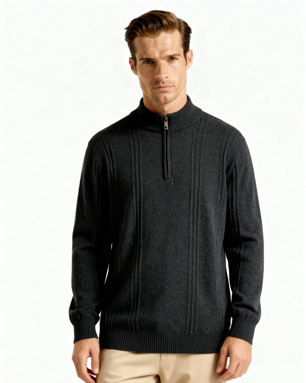 Men's Ribbed Cashmere Half-Zip Jumper with Stand Collar
