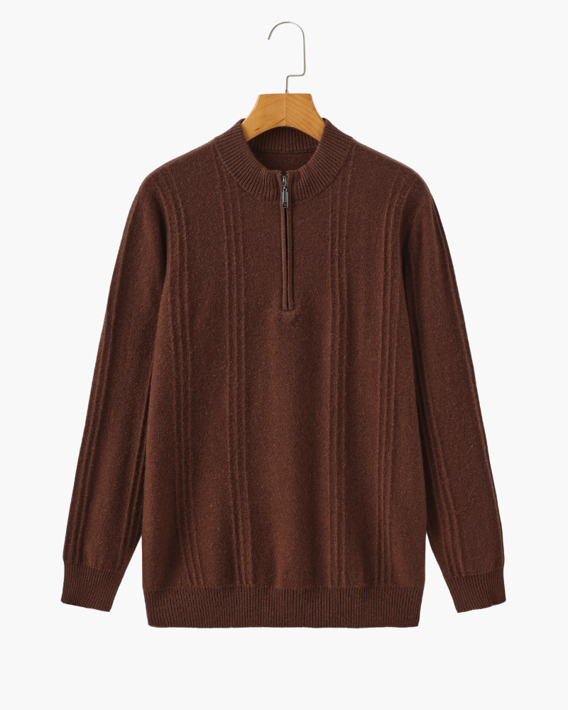 Men's Ribbed Cashmere Half-Zip Jumper with Stand Collar - Brown