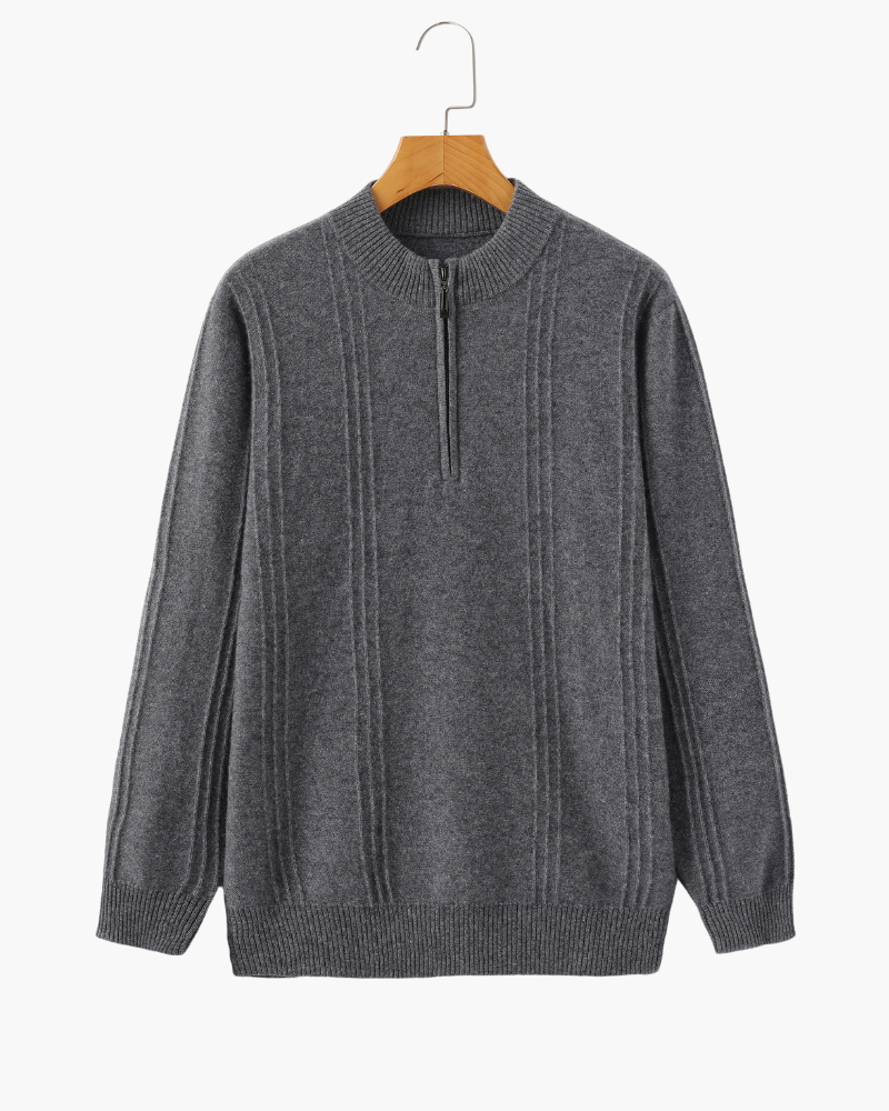Men's Ribbed Cashmere Half-Zip Jumper with Stand Collar - Grey