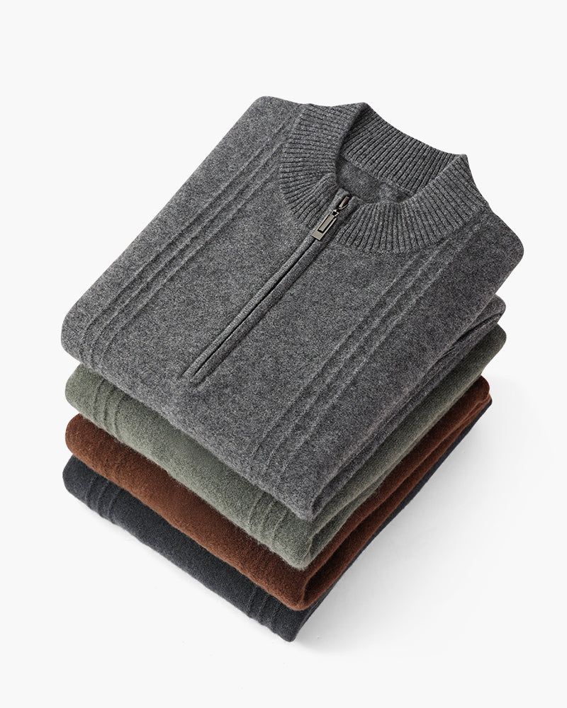 Men's Ribbed Cashmere Half-Zip Jumper with Stand Collar