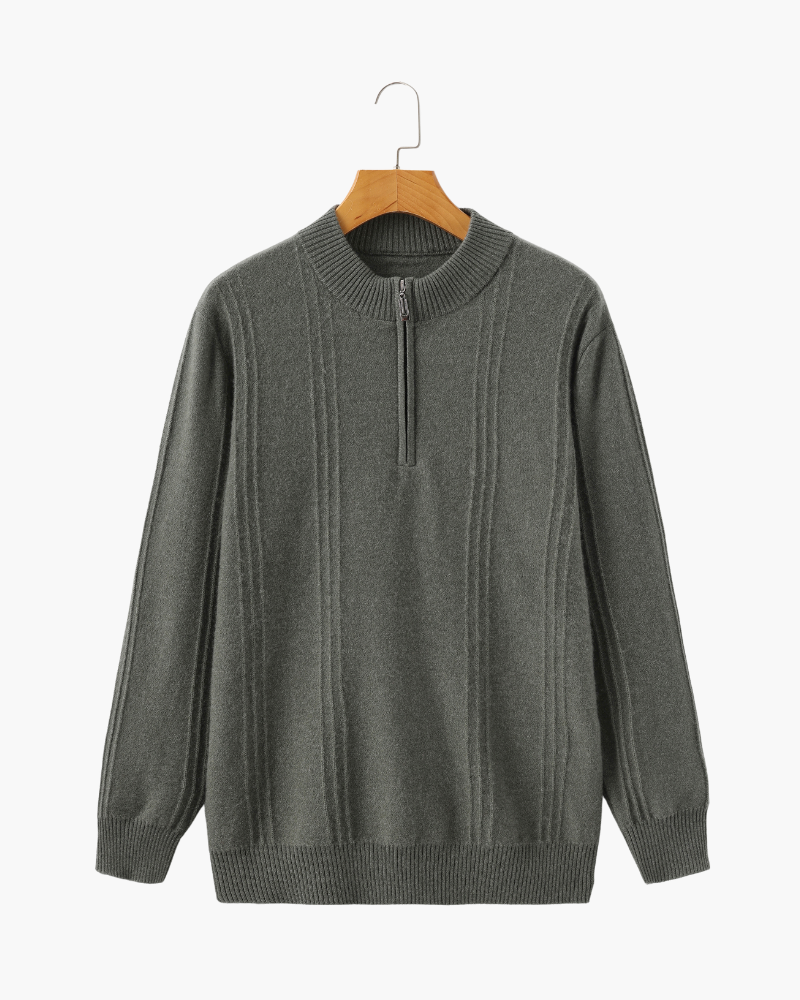 Men's Ribbed Cashmere Half-Zip Jumper with Stand Collar - Olive Green