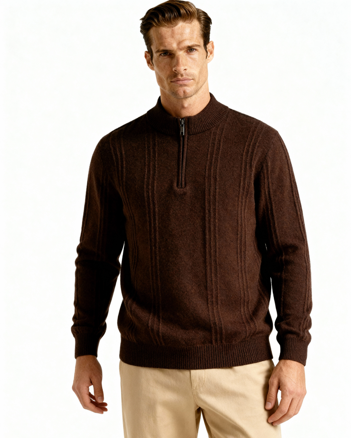 Men's Ribbed Cashmere Half-Zip Jumper with Stand Collar