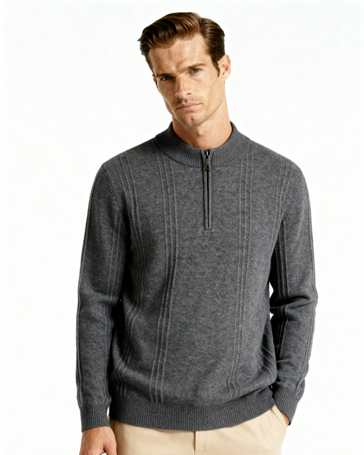 Men's Ribbed Cashmere Half-Zip Jumper with Stand Collar