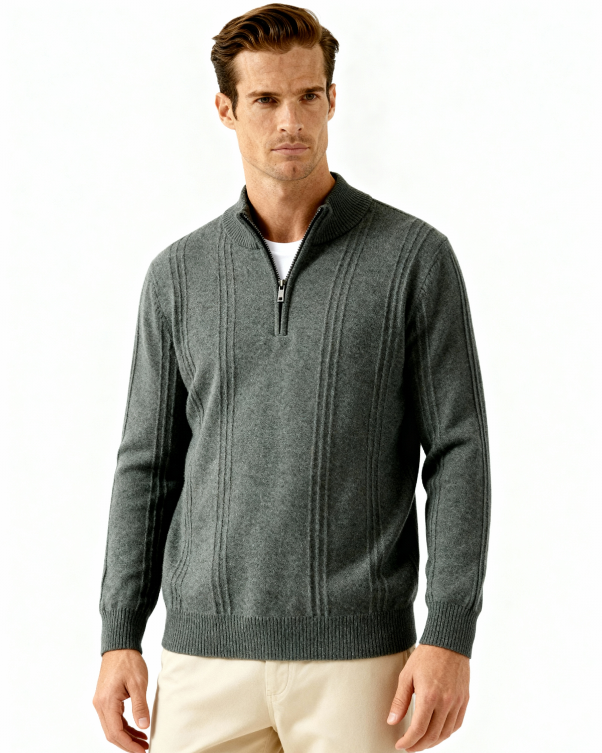 Men's Ribbed Cashmere Half-Zip Jumper with Stand Collar