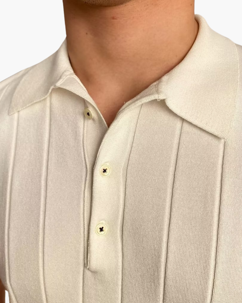 Men's Ribbed Cotton Polo with Three-Button Placket and Short Sleeves