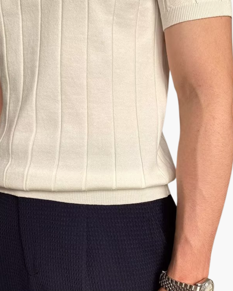 Men's Ribbed Cotton Polo with Three-Button Placket and Short Sleeves
