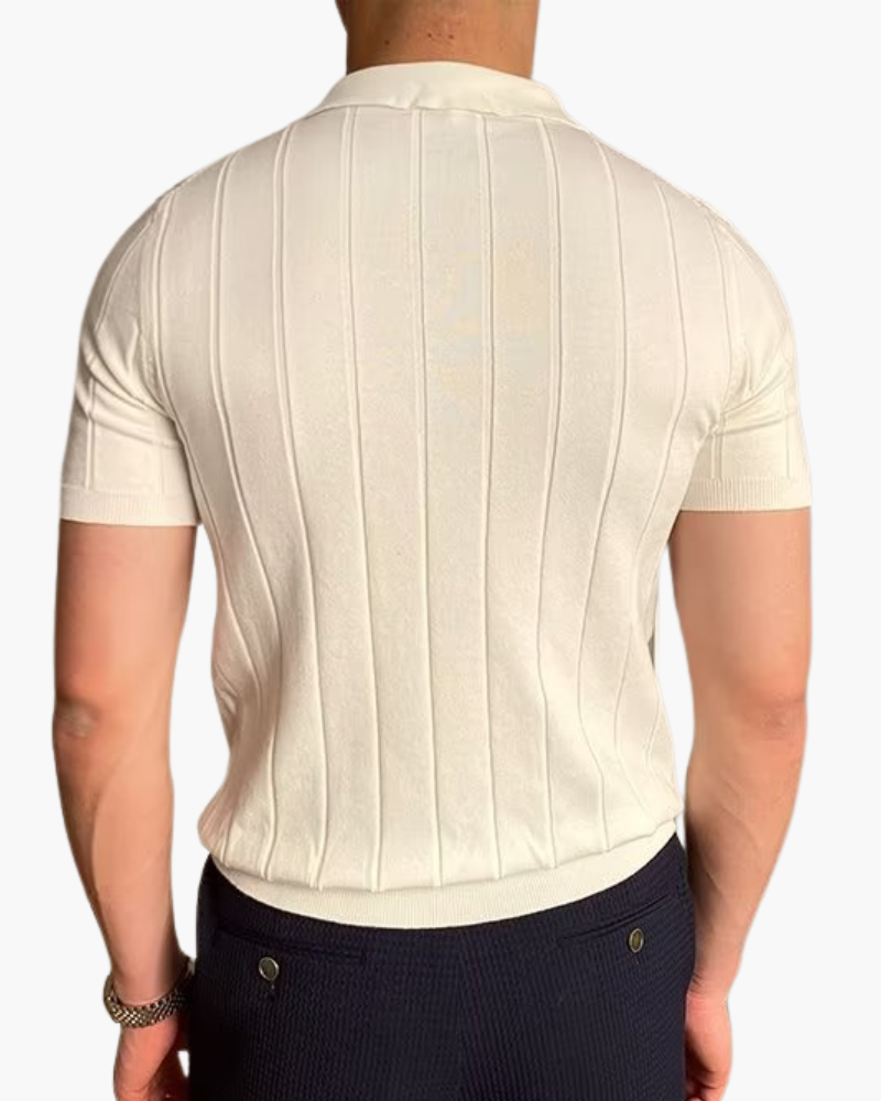 Men's Ribbed Cotton Polo with Three-Button Placket and Short Sleeves