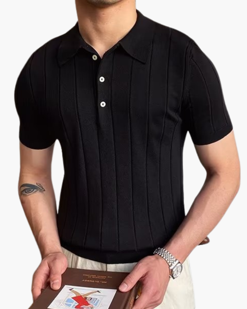 Men's Ribbed Cotton Polo with Three-Button Placket and Short Sleeves - Black