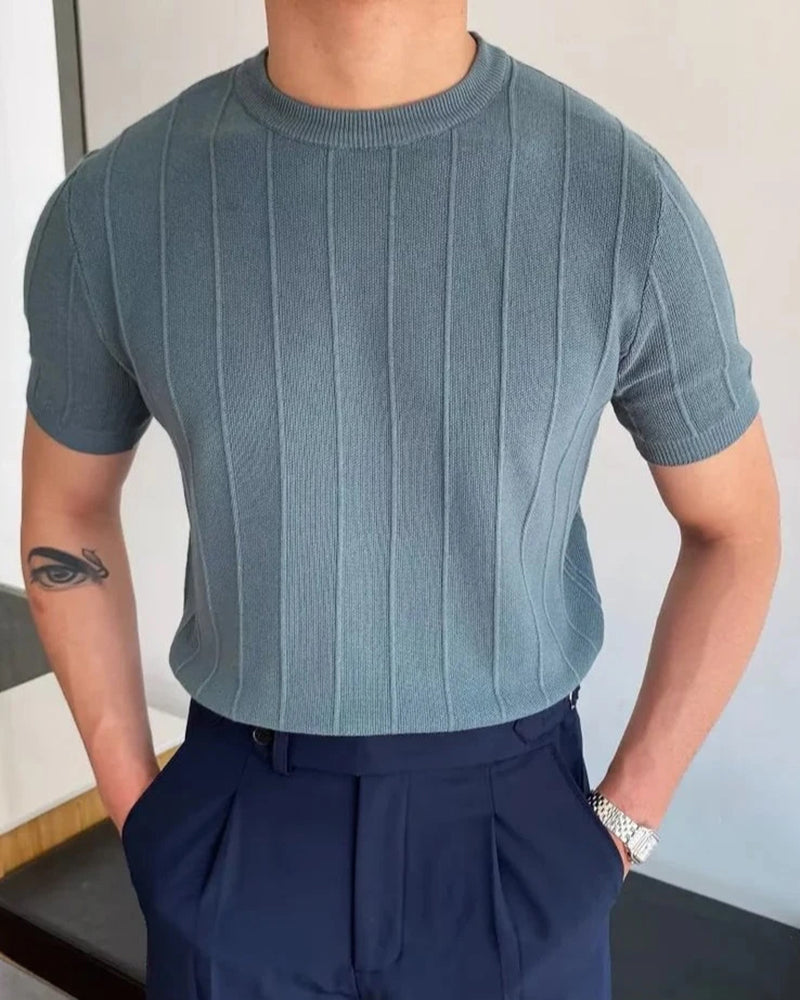 Men's Ribbed Crew Neck T-Shirt in Linen Cotton Blend - Blue
