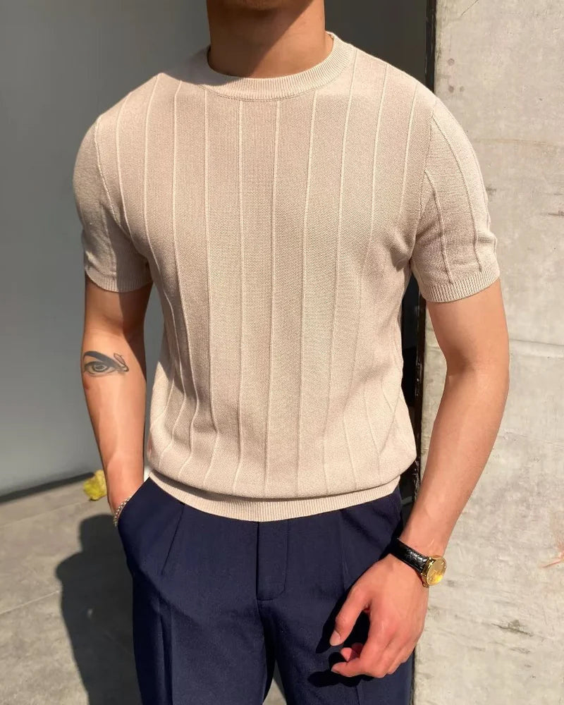 Men's Ribbed Crew Neck T-Shirt in Linen Cotton Blend - Beige