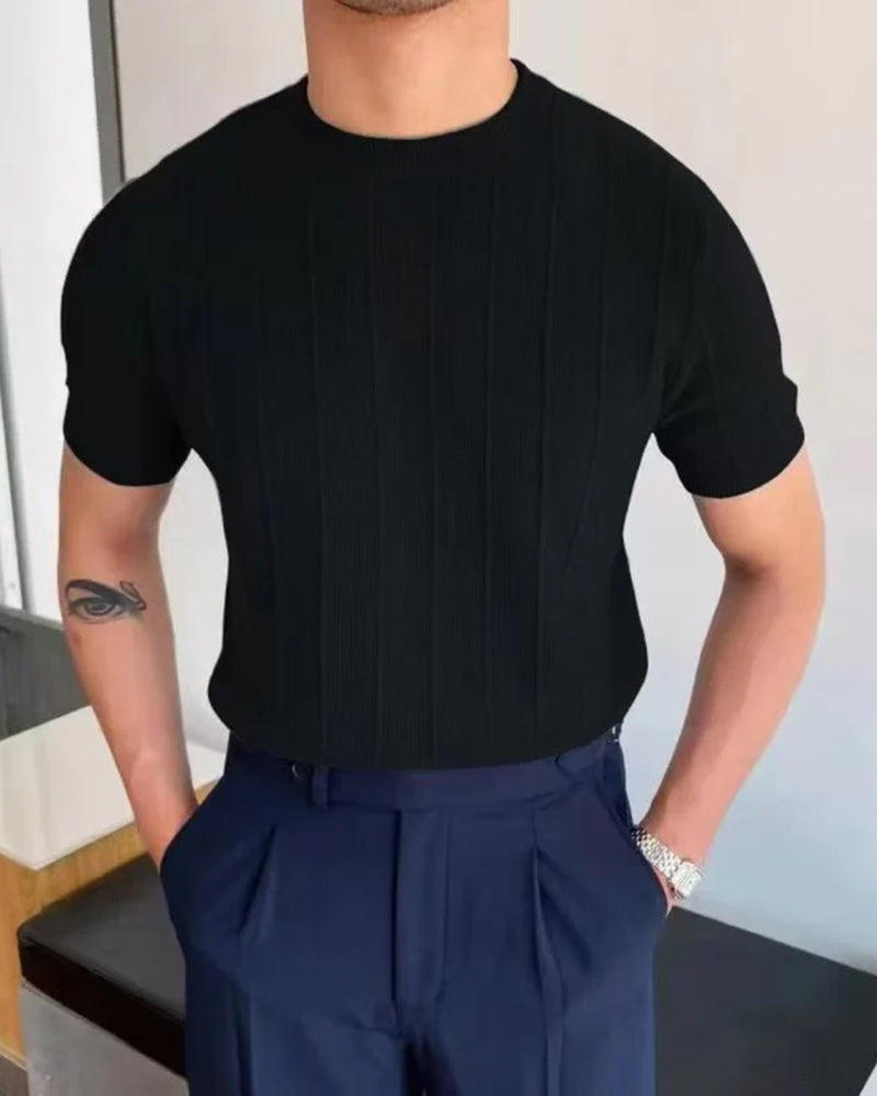 Men's Ribbed Crew Neck T-Shirt in Linen Cotton Blend - Black