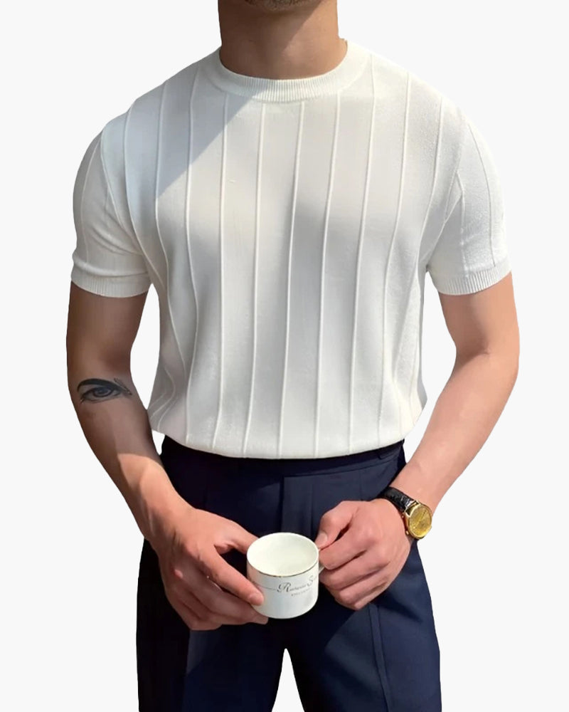 Men's Ribbed Crew Neck T-Shirt in Linen Cotton Blend - White