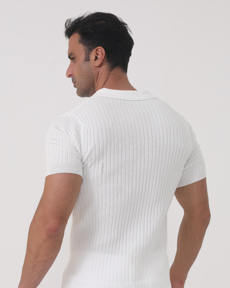 Men's Ribbed Johnny Collar Polo with Open Neck