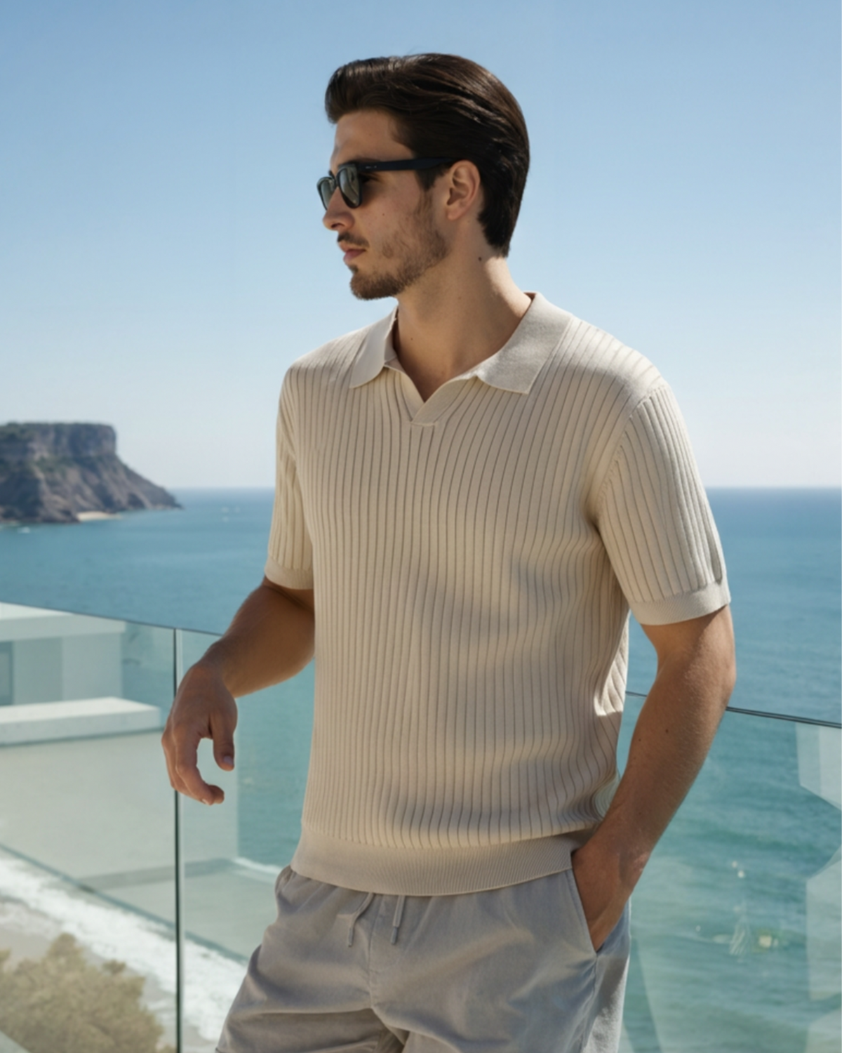 Men's Ribbed Knit Polo with Open Collar and Relaxed Fit