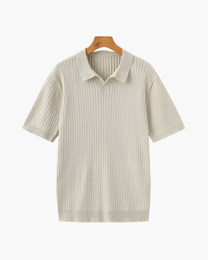 Men's Ribbed Knit Polo with Open Collar and Relaxed Fit - Beige