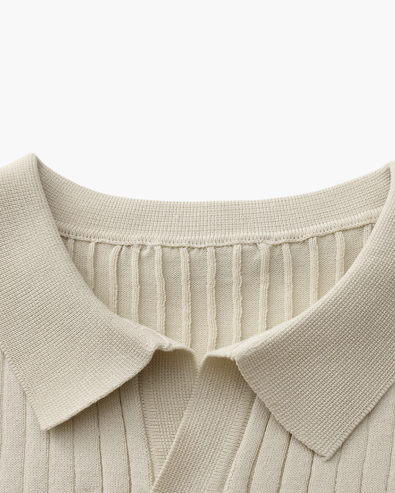 Men's Ribbed Knit Polo with Open Collar and Relaxed Fit