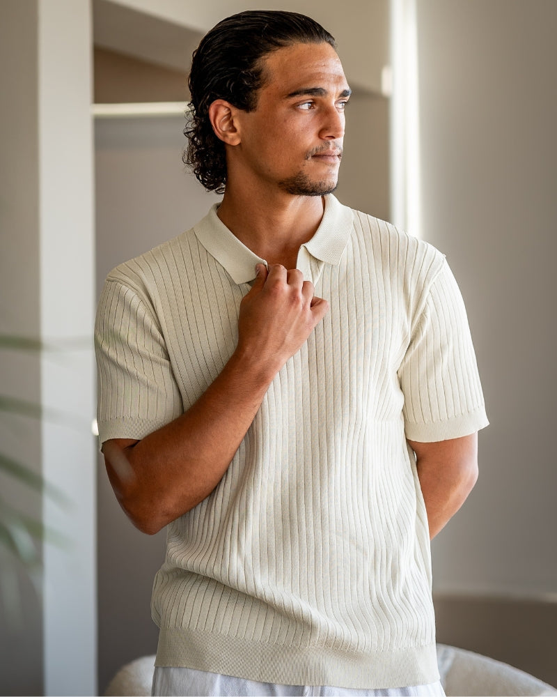 Men's Ribbed Knit Polo with Open Collar and Relaxed Fit