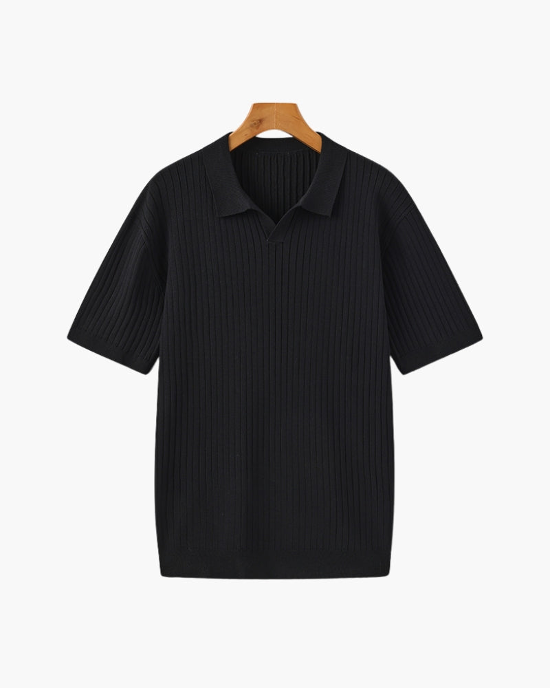 Men's Ribbed Knit Polo with Open Collar and Relaxed Fit - Black