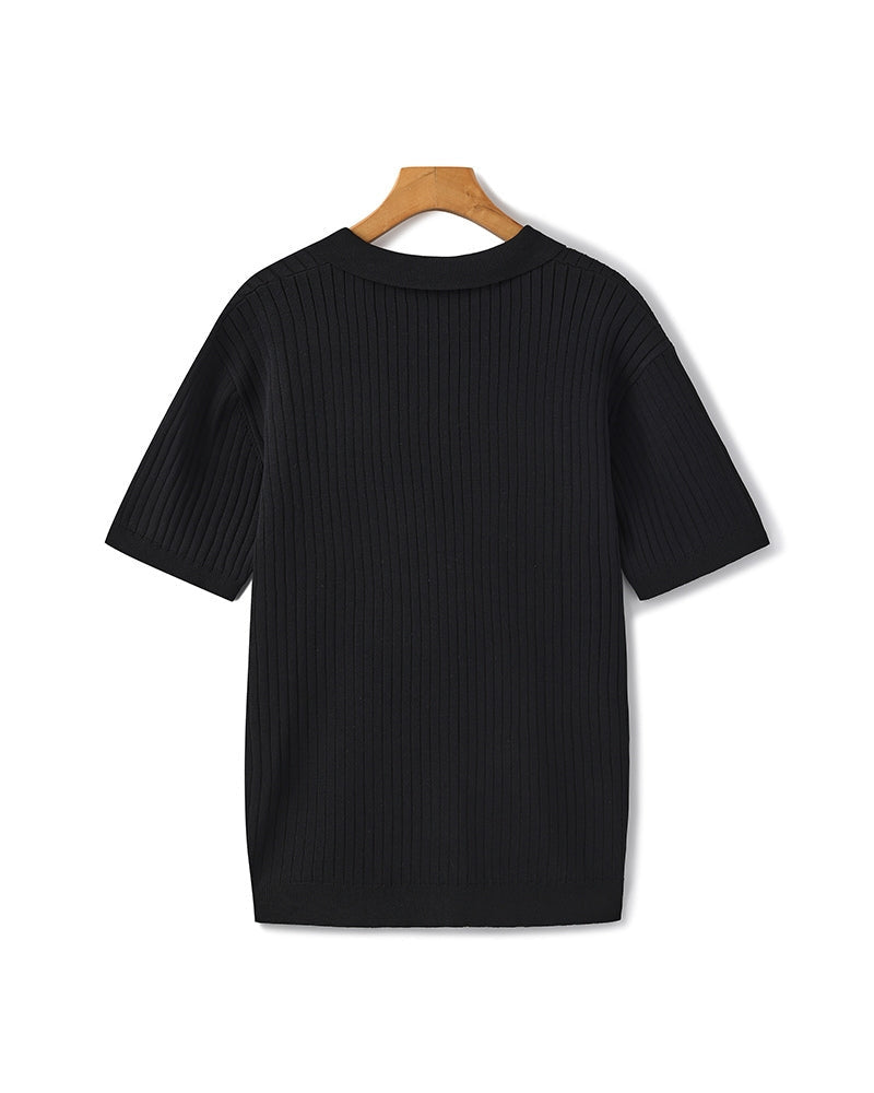 Men's Ribbed Knit Polo with Open Collar and Relaxed Fit