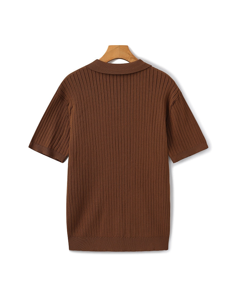 Men's Ribbed Knit Polo with Open Collar and Relaxed Fit