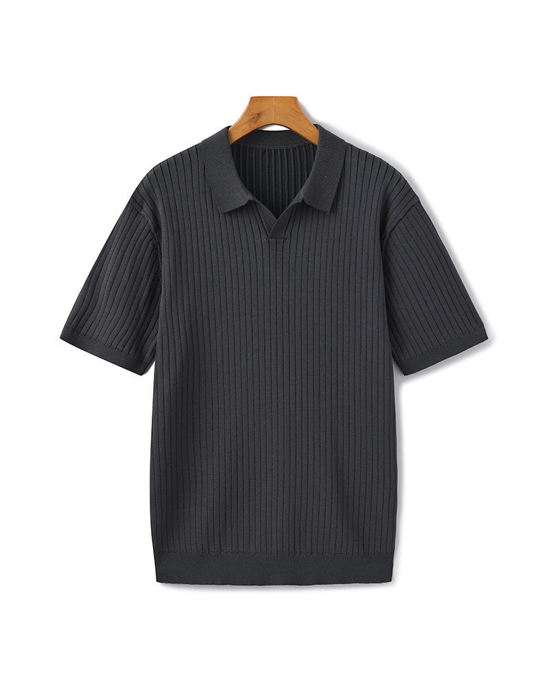 Men's Ribbed Knit Polo with Open Collar and Relaxed Fit - Grey