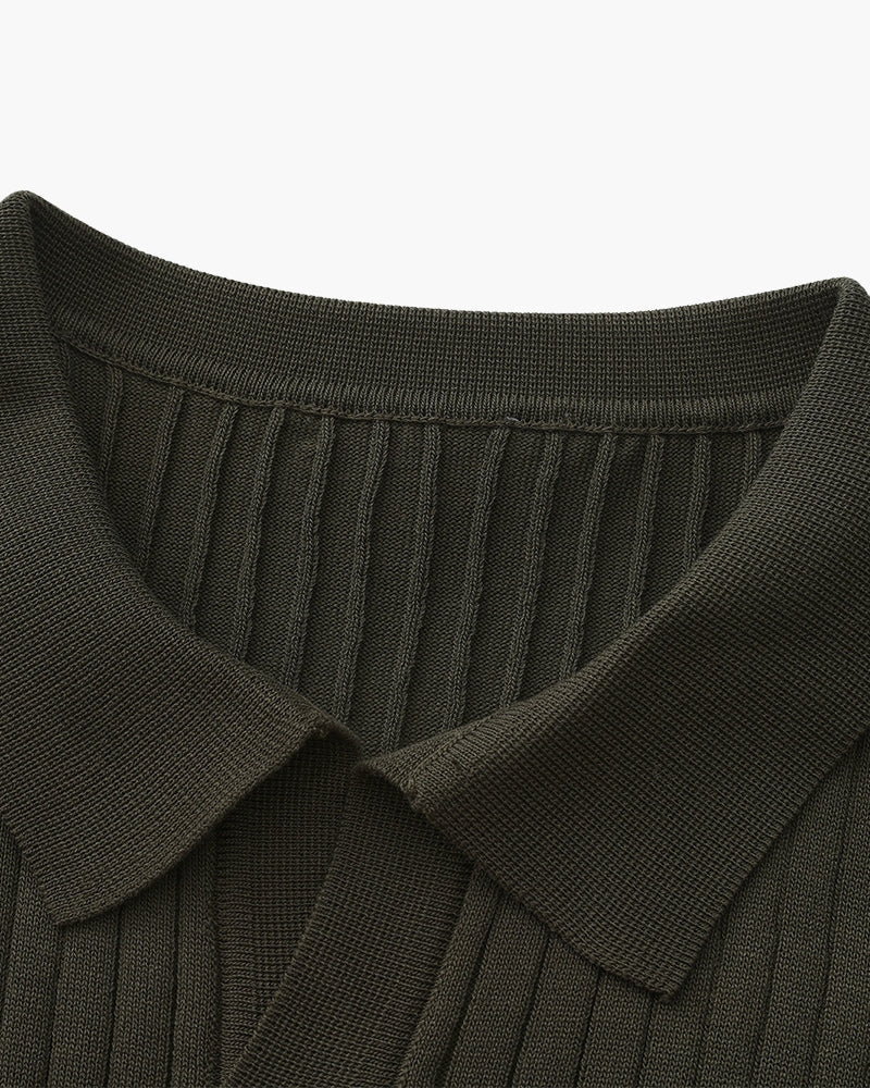 Men's Ribbed Knit Polo with Open Collar and Relaxed Fit