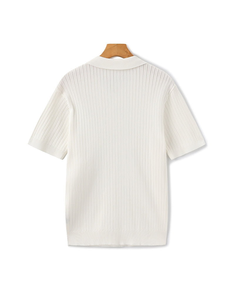Men's Ribbed Knit Polo with Open Collar and Relaxed Fit