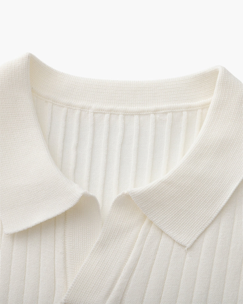 Men's Ribbed Knit Polo with Open Collar and Relaxed Fit