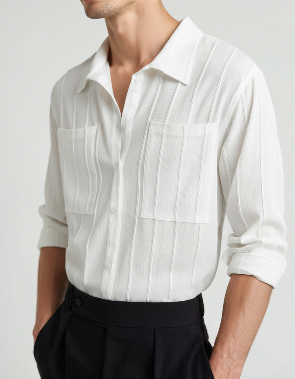 Men's Ribbed Long Sleeve Shirt with Chest Pockets and Button Front