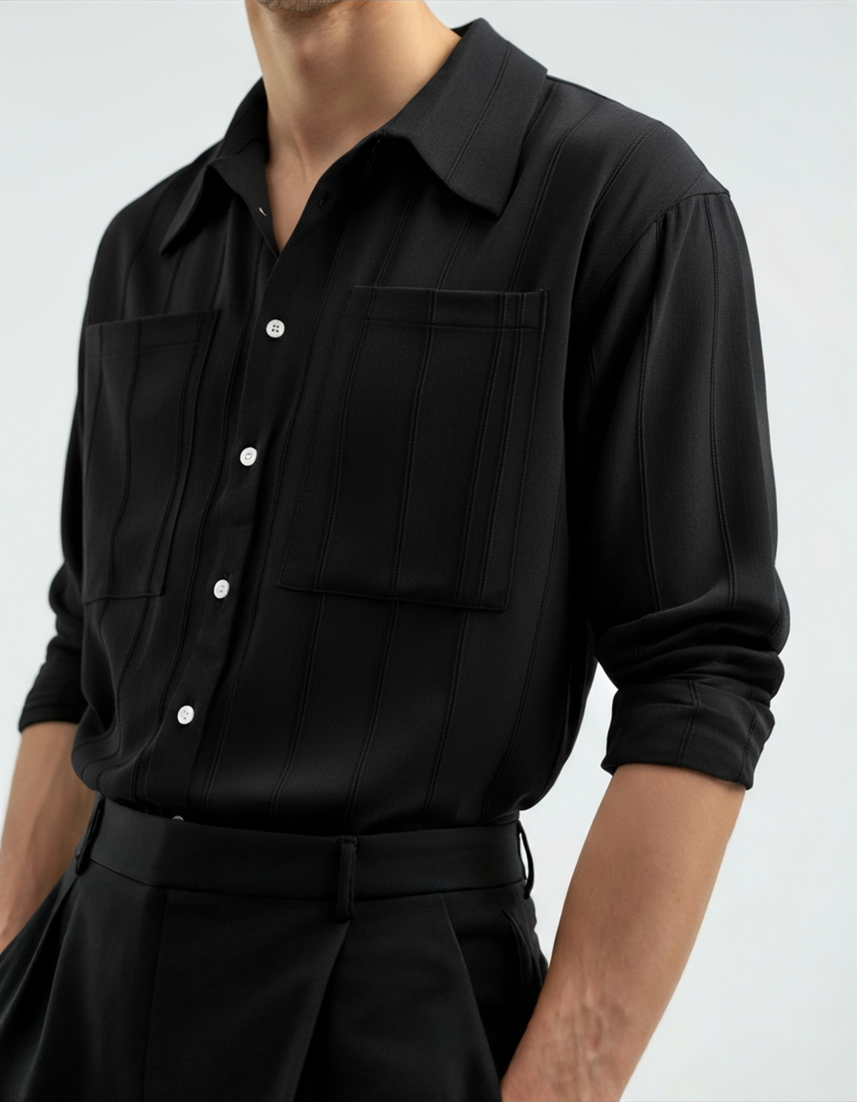 Men's Ribbed Long Sleeve Shirt with Chest Pockets and Button Front