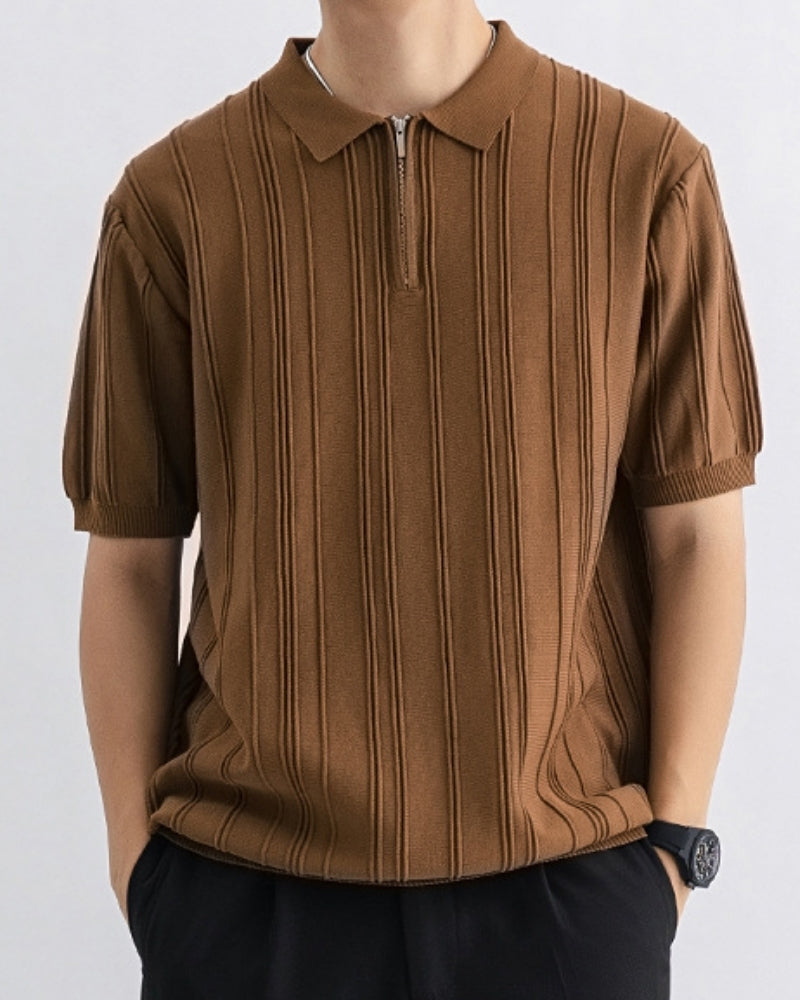 Men's Ribbed Zip Polo with Flat Collar and Short Sleeves - Brown