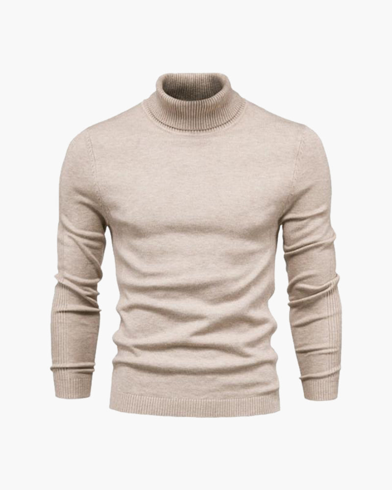 Men's Slim Roll Neck Jumper in a Fine Smooth Knit - Beige